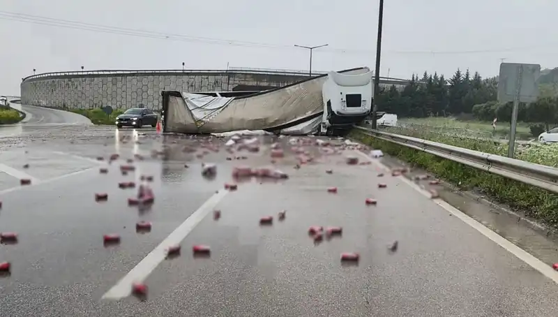 TIR Devrildi, Yolda İçkiler Halkın Dikkatini Çekti